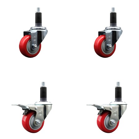 Service Caster 3'' SS Red Poly Swivel 1-1/8'' Expanding Stem Caster Set 2 Total Lock Brakes, 4PK SCC-SSEXTTL20S314-PPUB-RED-2-S-2-118